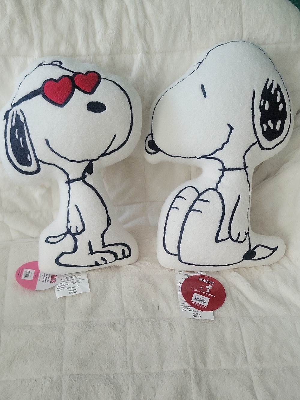 Two Peanuts Ivory Snoopy Accent Pillows with Red Heart Sunglasses Home Decor No